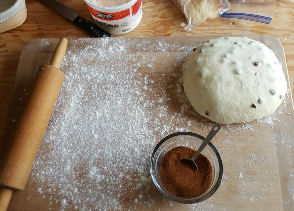 cinnamon sugar mix with raisin bread dough.