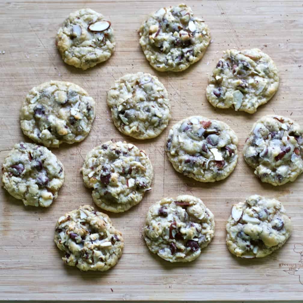 Almond Joy Cookies on a wooden board