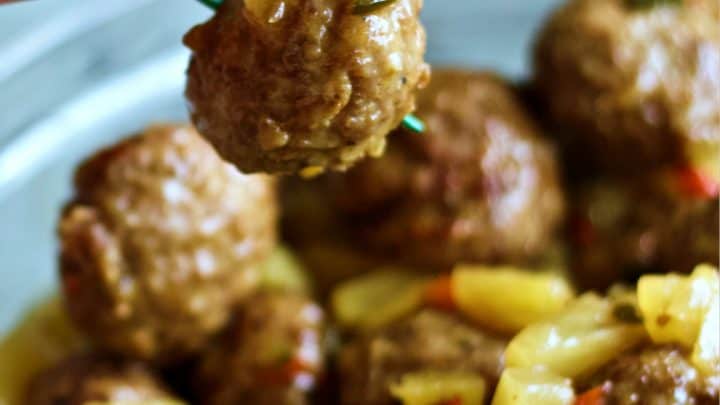 Hawaiian Meatball appetizers on toothpick