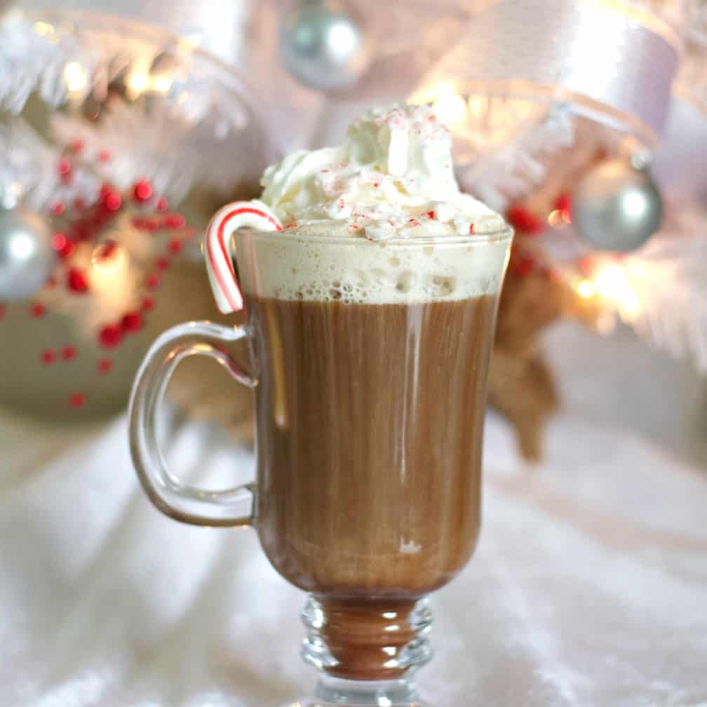 garnished peppermint hot chocolate drink