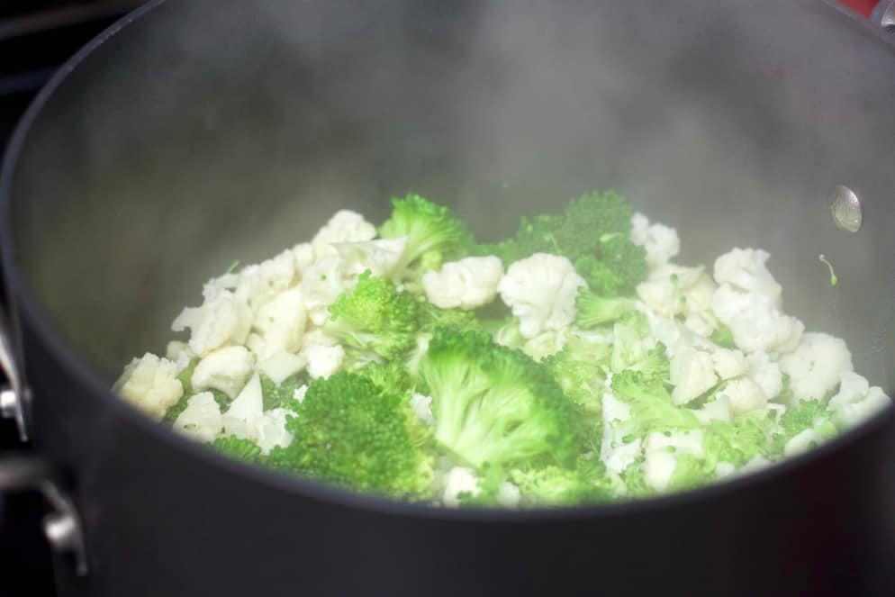 steaming broccoli and cauliflower