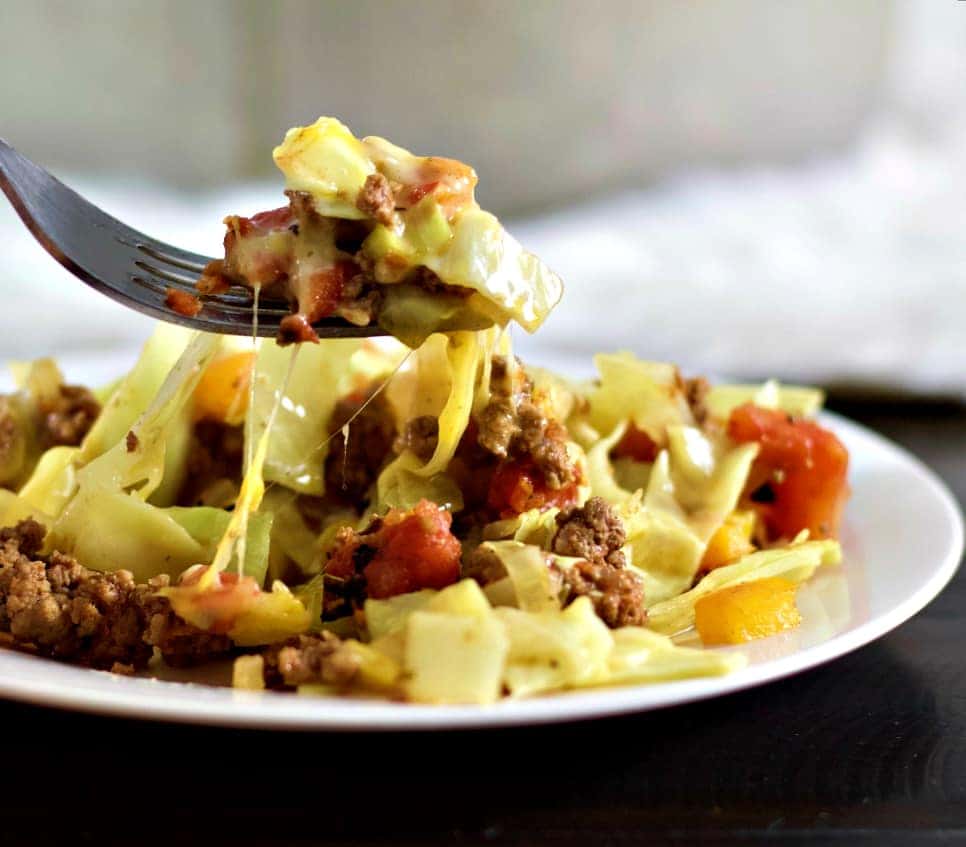 Cabbage casserole on a fork