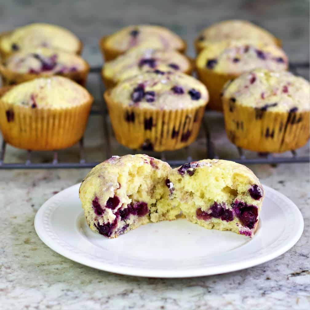 Lemon Blueberry muffin opened on a plate