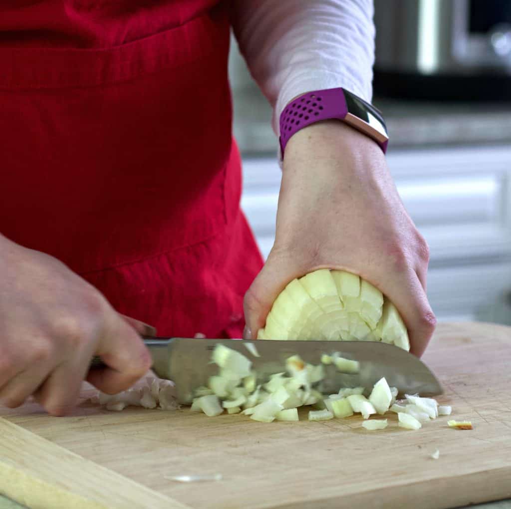 dicing an onion for Tuscan soup
