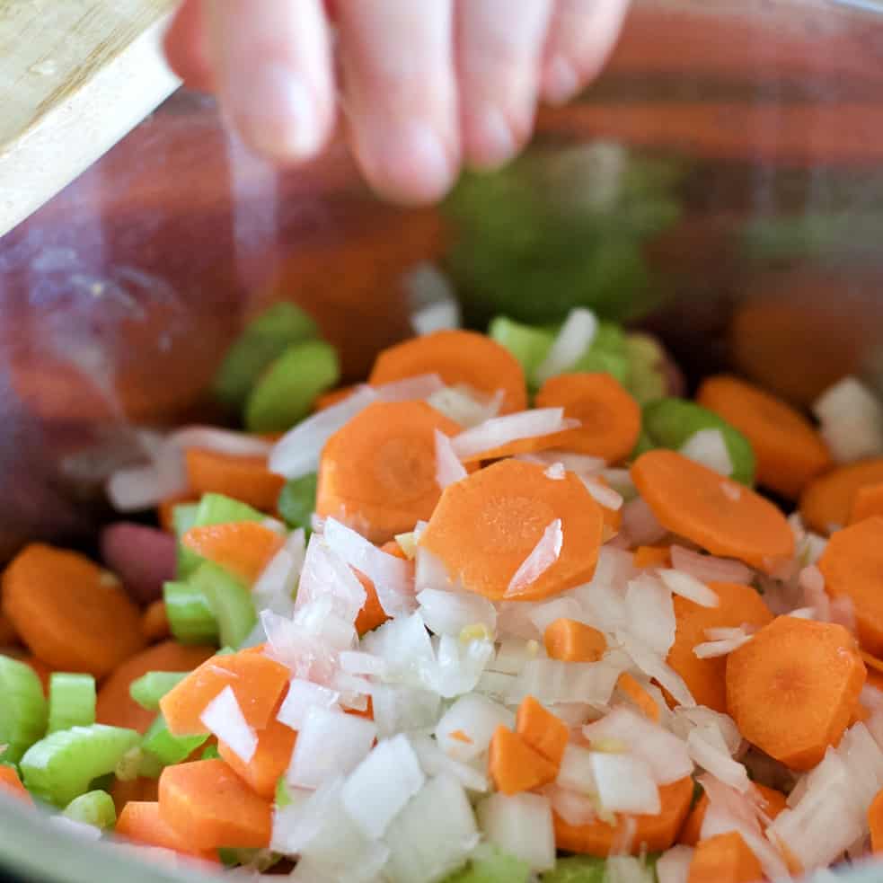 chopped vegetables in an instant pot.