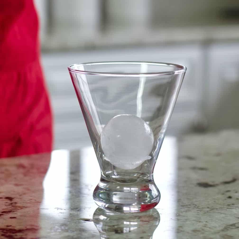 stemless martini glass with large round ice cube