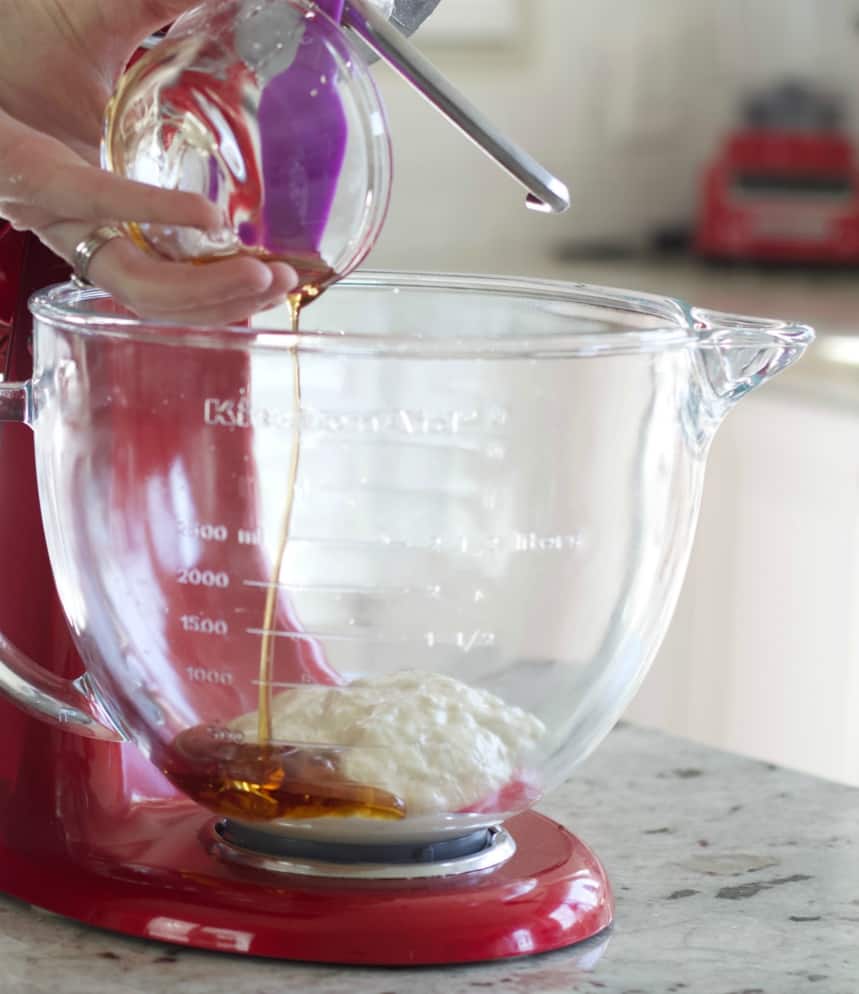 pouring maple syrup-sourdough bagels