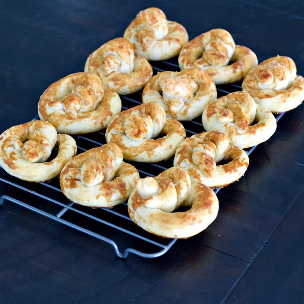 soft sourdough pretzels cooling