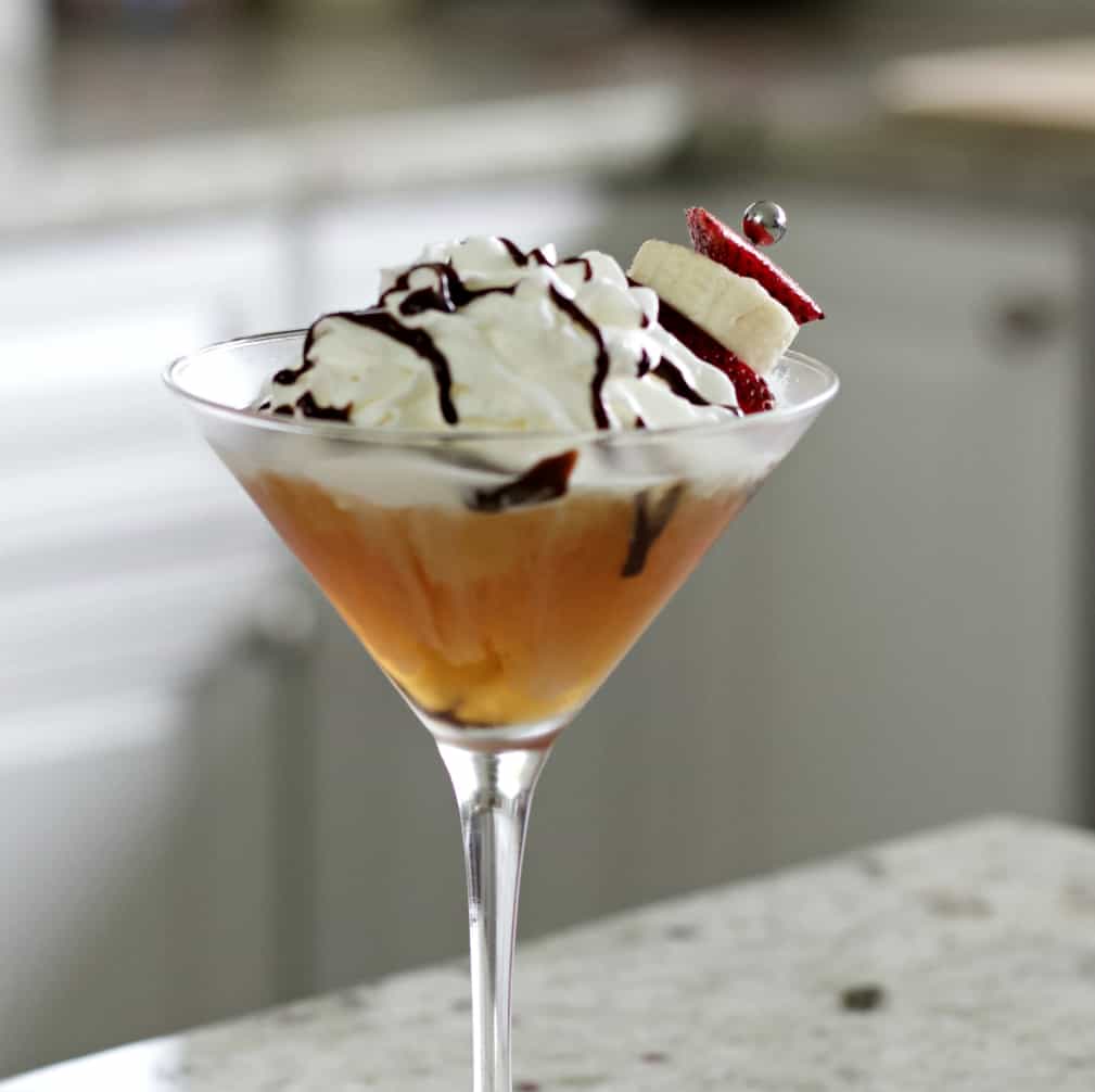 garnish with banana and strawberry slices