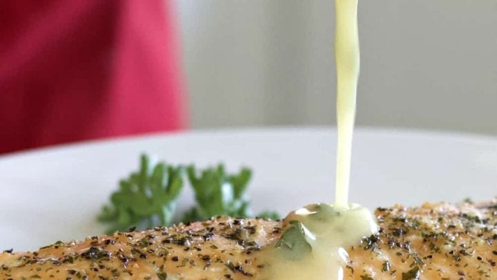 lemon butter sauce over baked salmon