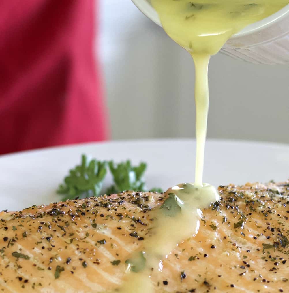 lemon butter sauce over baked salmon
