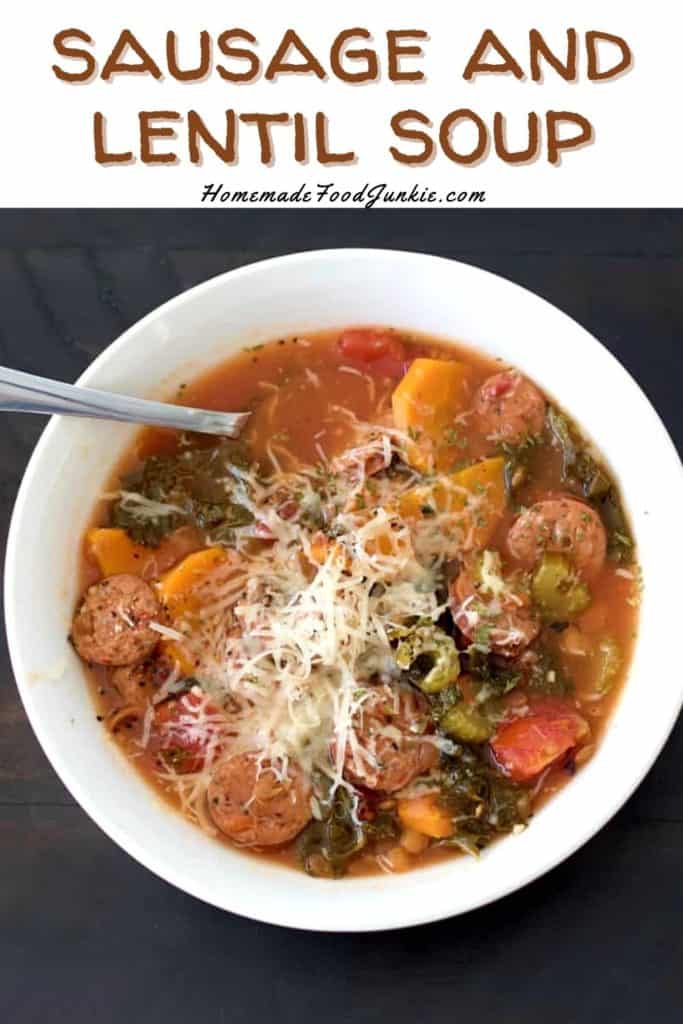 Sausage and lentil soup-pin image