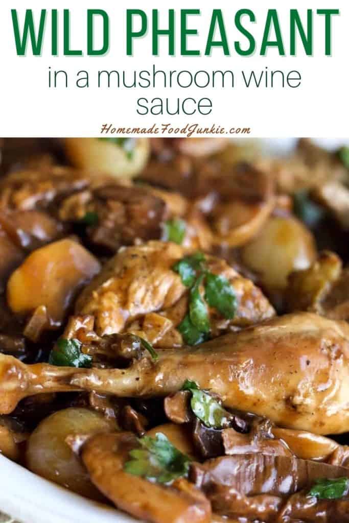 Wild pheasant in a mushroom wine sauce-pin image