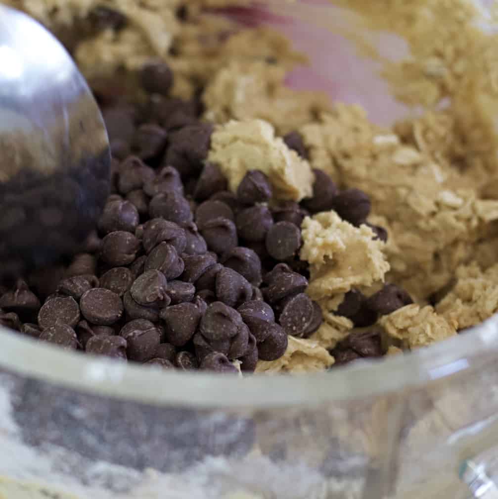 chocolate chips on peanut butter oatmeal cookie dough