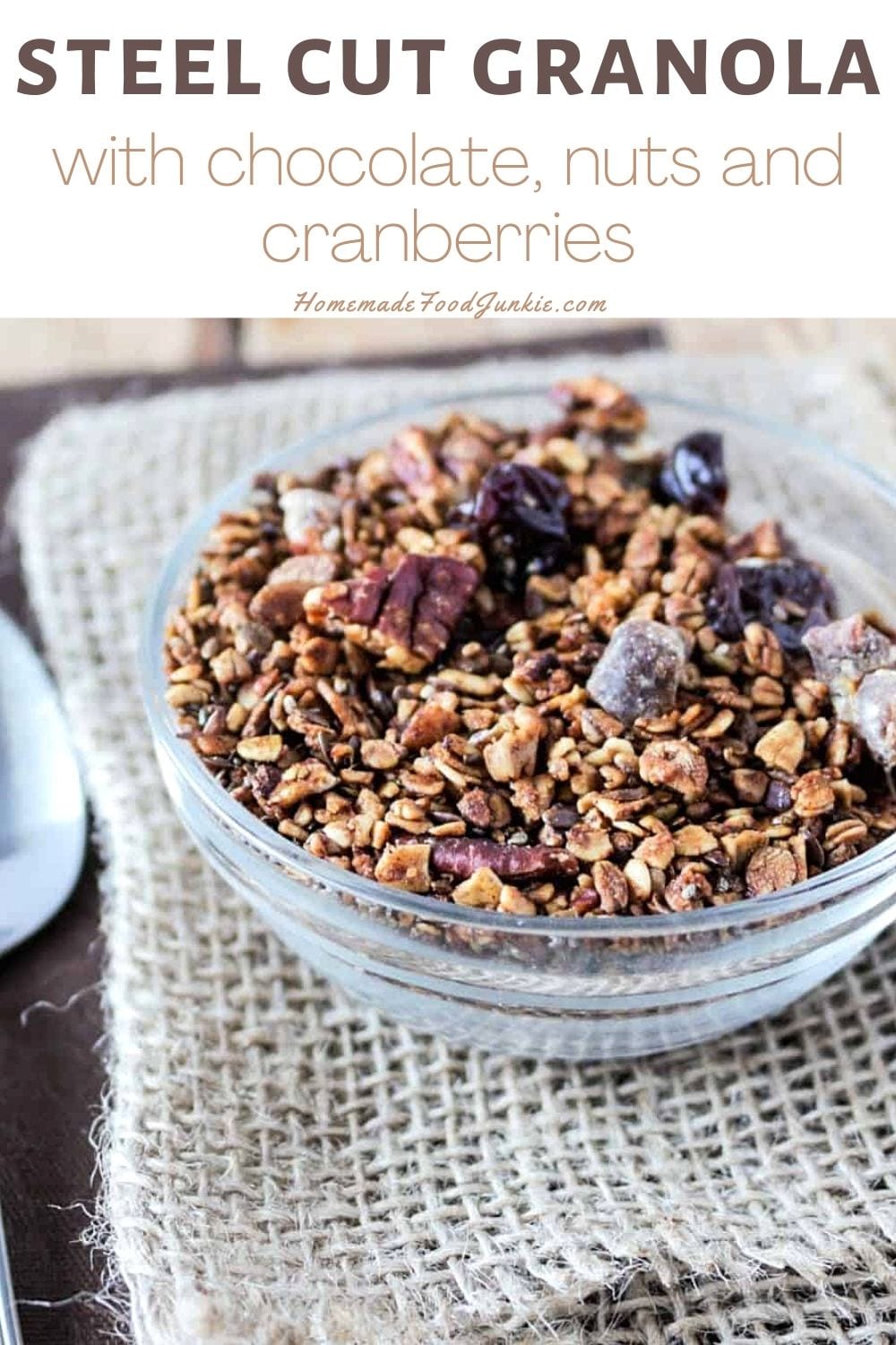 Steel cut granola with chocolate, nuts and cranberries-pin image