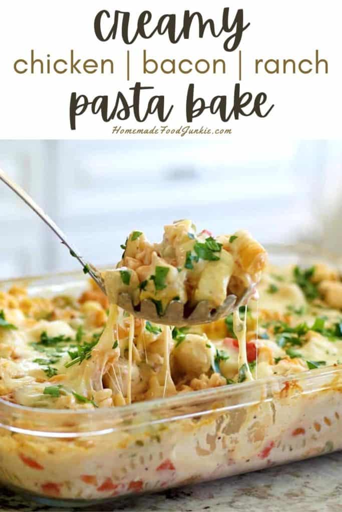 Creamy chicken bacon ranch pasta bake-pin image
