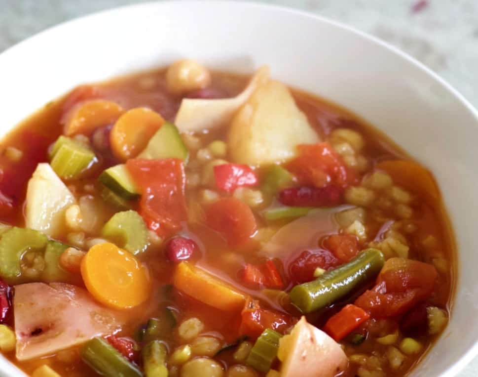 instant pot vegetable soup in white bowl