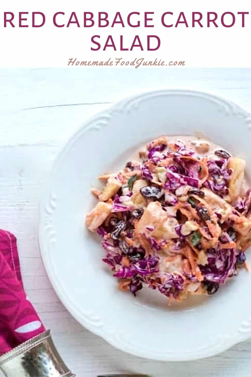 Red Cabbage Carrot Salad is a What a beauty of a summer salad! Red Cabbage Carrot Salad is so yummy with all these flavors and textures and it's healthy! Enjoy the High-Fiber, Vegetarian, Dairy-Free, Gluten-Free seasonal side dish. It's perfect for the dinner table, lunchbox or picnic! Red cabbage carrot salad-pin image
