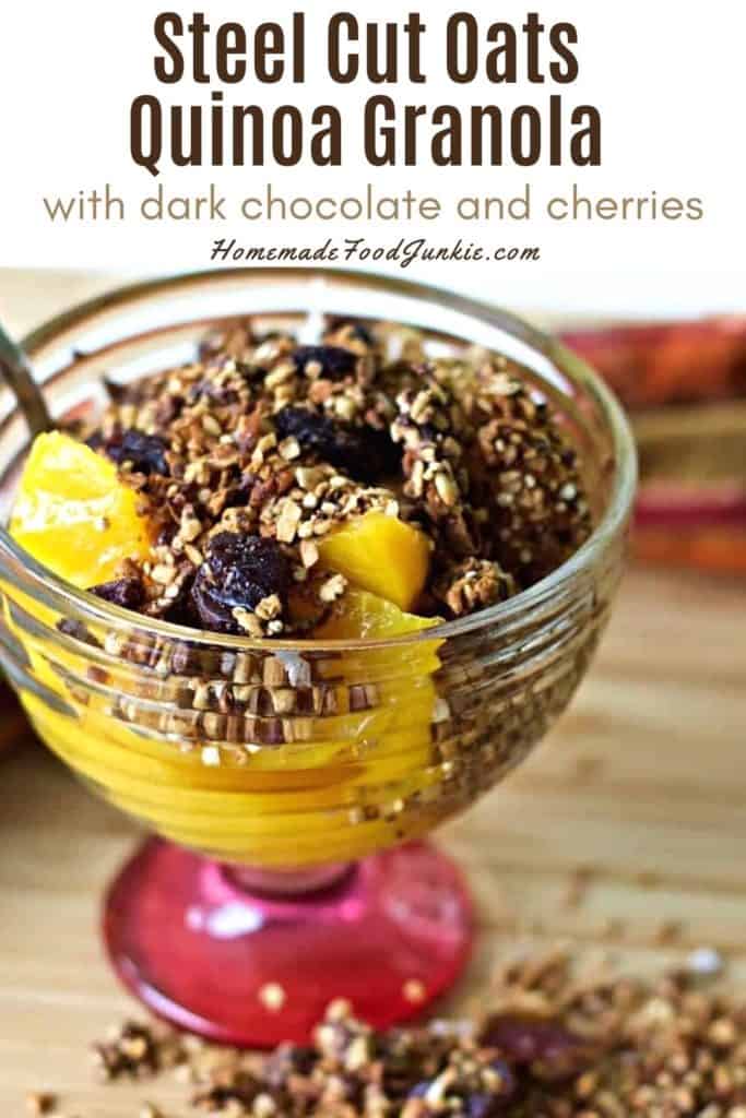 Steel cut oats quinoa granola with dark chocolate and cherries-pin image