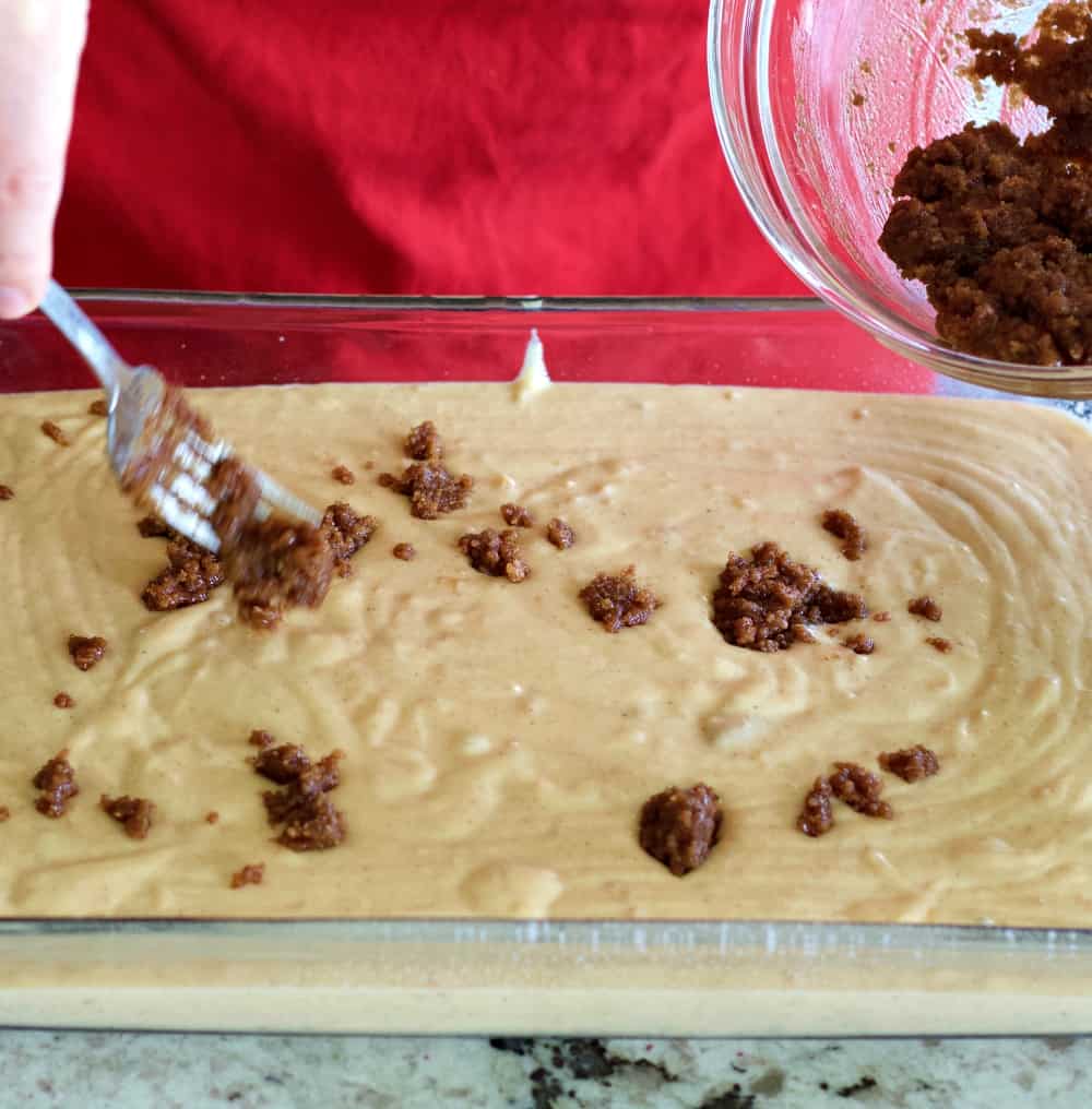 dropping cinnamon filling on top of cake batter