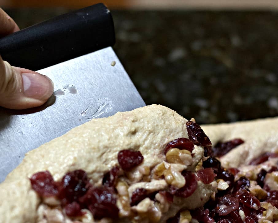forming cranberry walnut sourdough bread.
