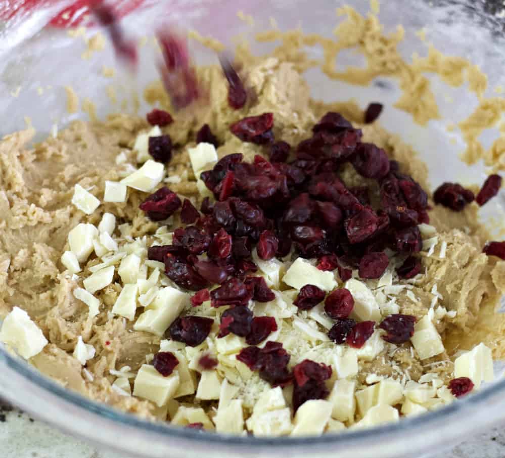fold in cranberries and chocolate chunks
