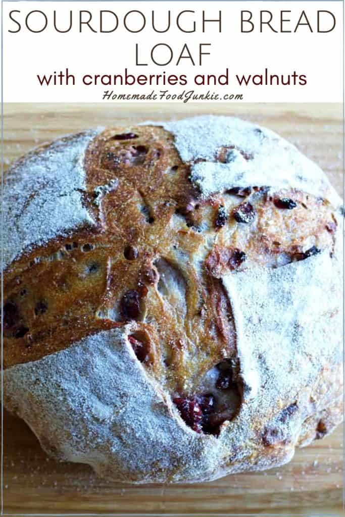 Sourdough bread loaf with cranberries and walnuts-pin image