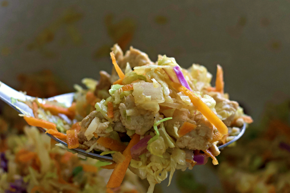 spoonful of egg rolls in a bowl