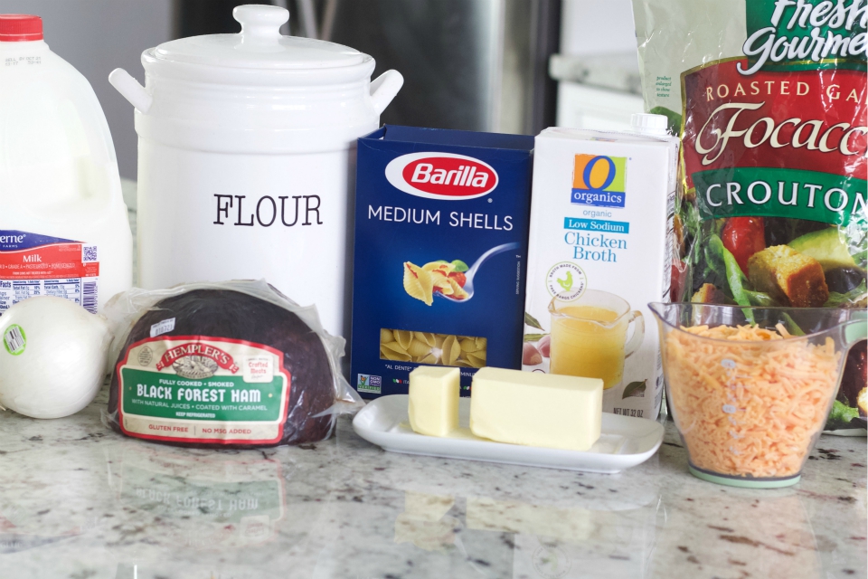 ingredients for ham casserole with mac and cheese