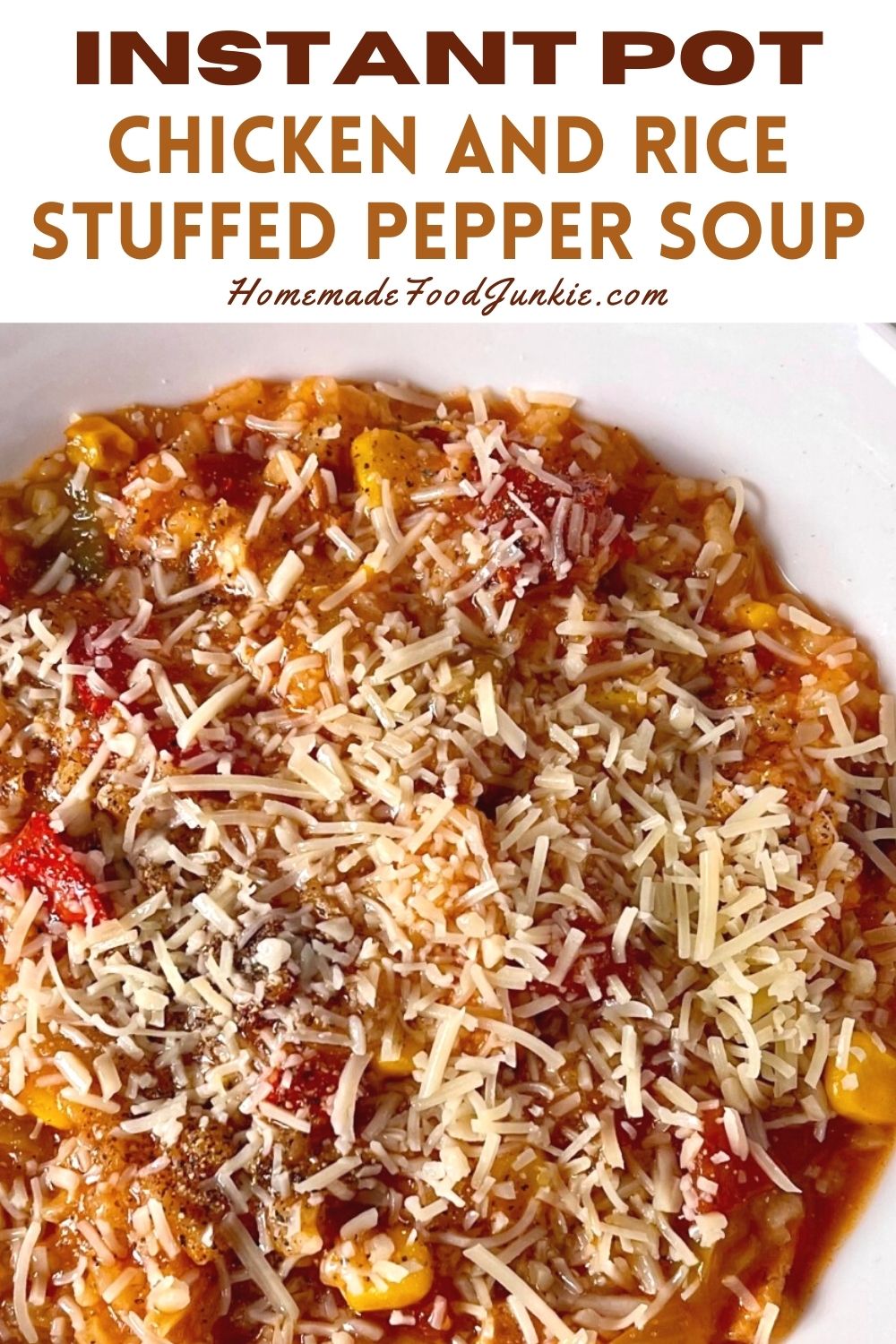 Instant pot chicken and rice stuffed pepper soup-pin image