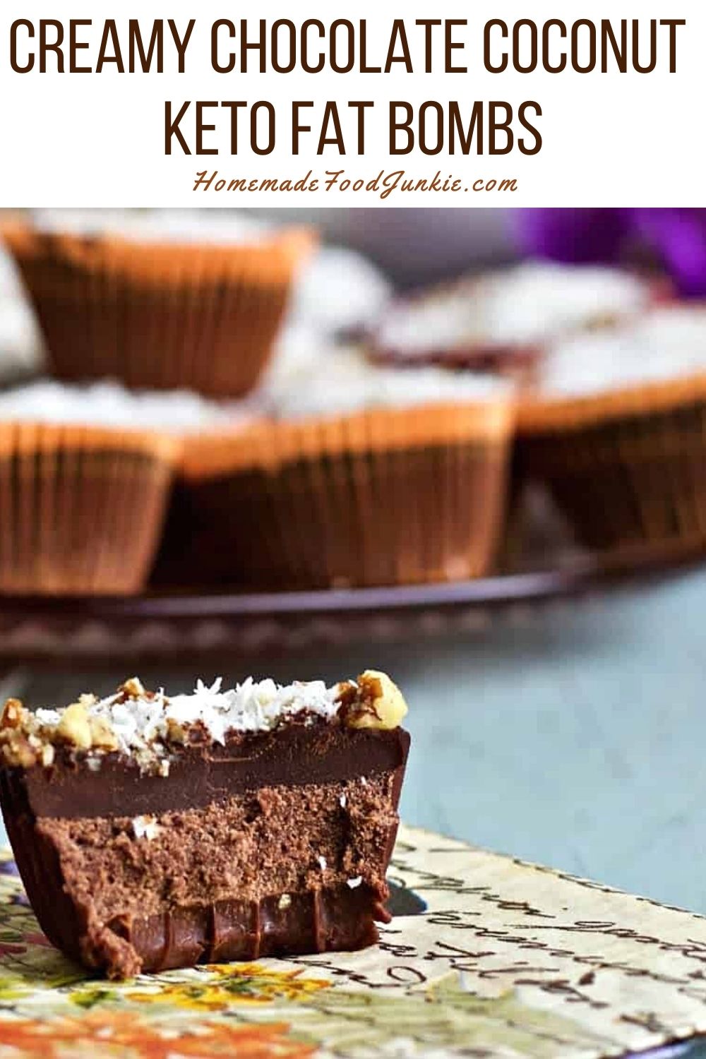 Creamy chocolate coconut keto fat bombs-pin image
