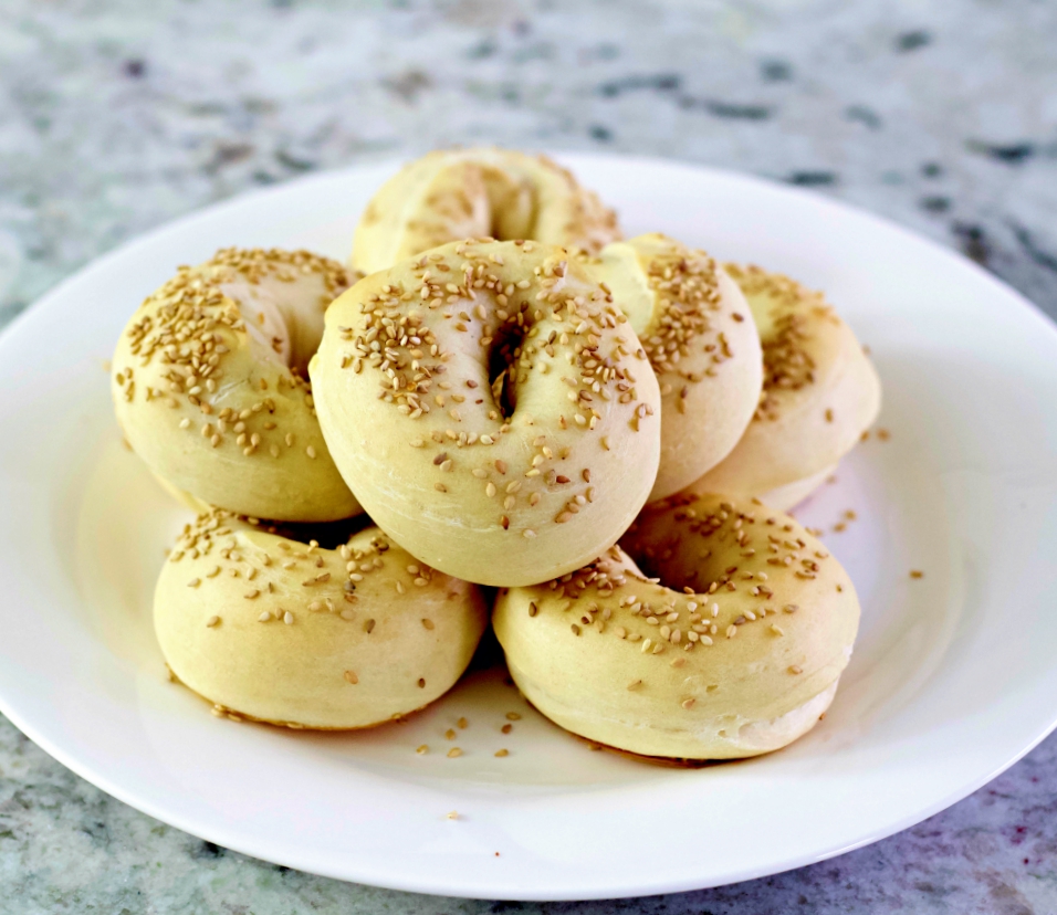 bagels made with bread flour and topped with toasted sesame seeds