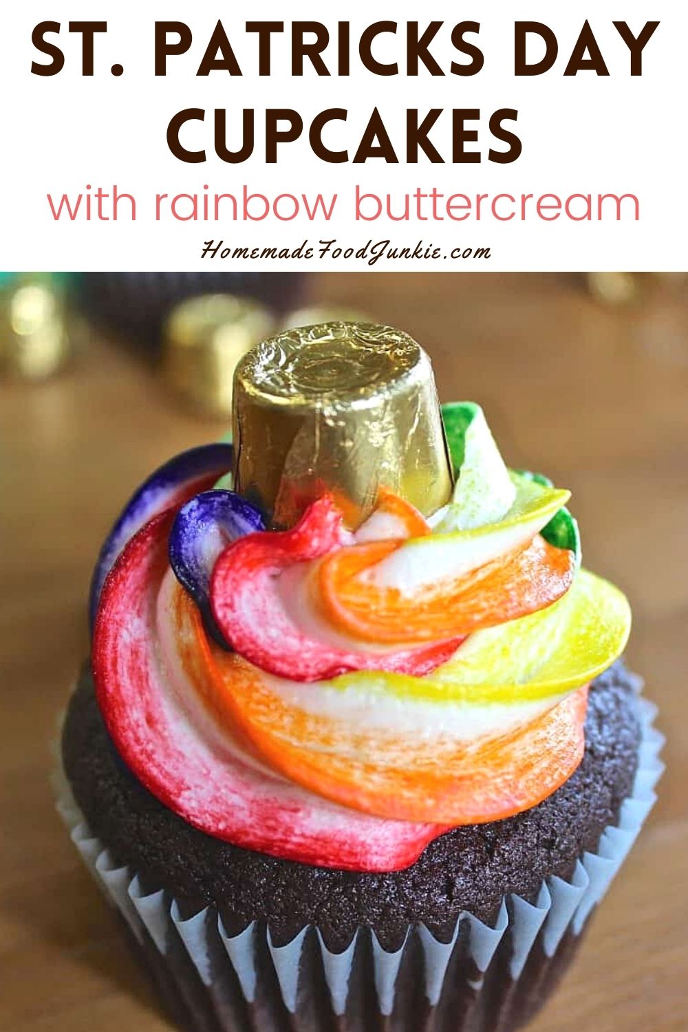 St. Patricks day cupcakes with rainbow buttercream-pin image