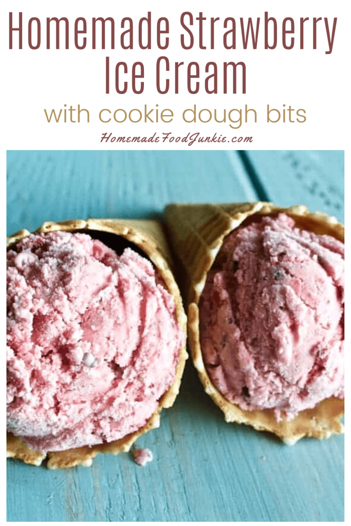 Homemade strawberry ice cream with cookie dough bits-pin image