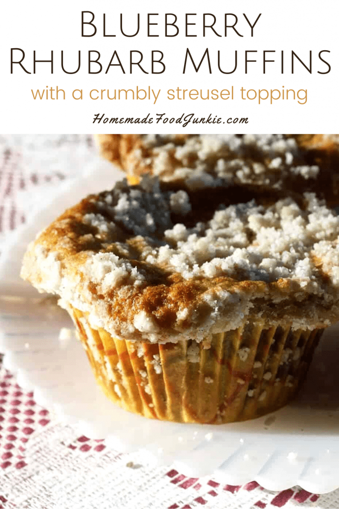 Blueberry rhubarb muffins with a crumbly streusel topping-pin image