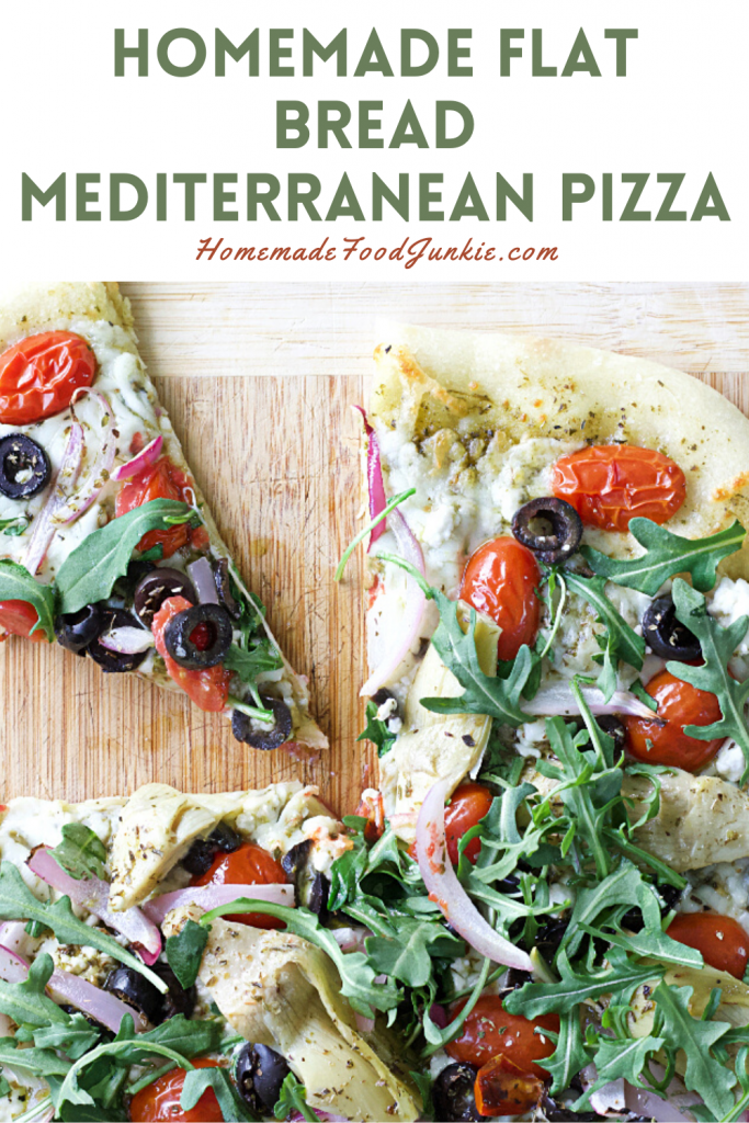 Homemade flat bread mediterranean pizza-pin image