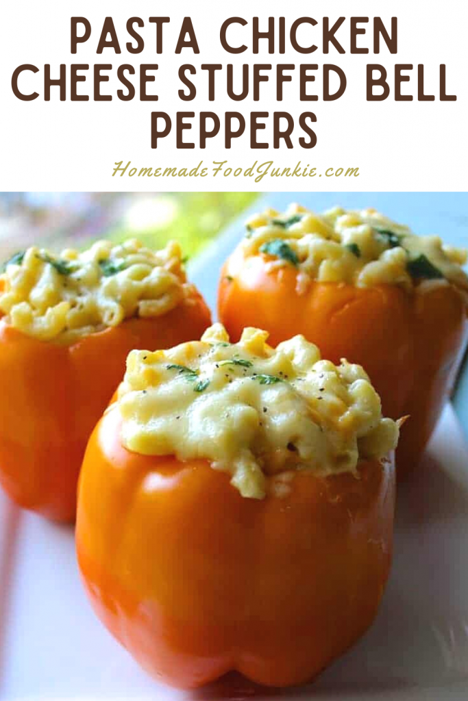 Pasta chicken cheese stuffed bell peppers-pin image
