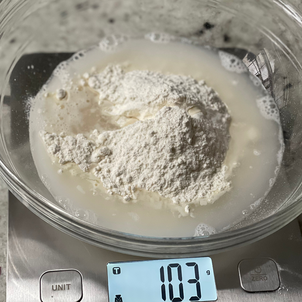 Measure Sourdough Ingredients By Weight: The Simple Switch That Improves Every Loaf 6 bowl of ingredients on a scale.