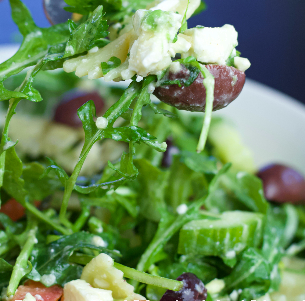 close up of kalamata and feta salad