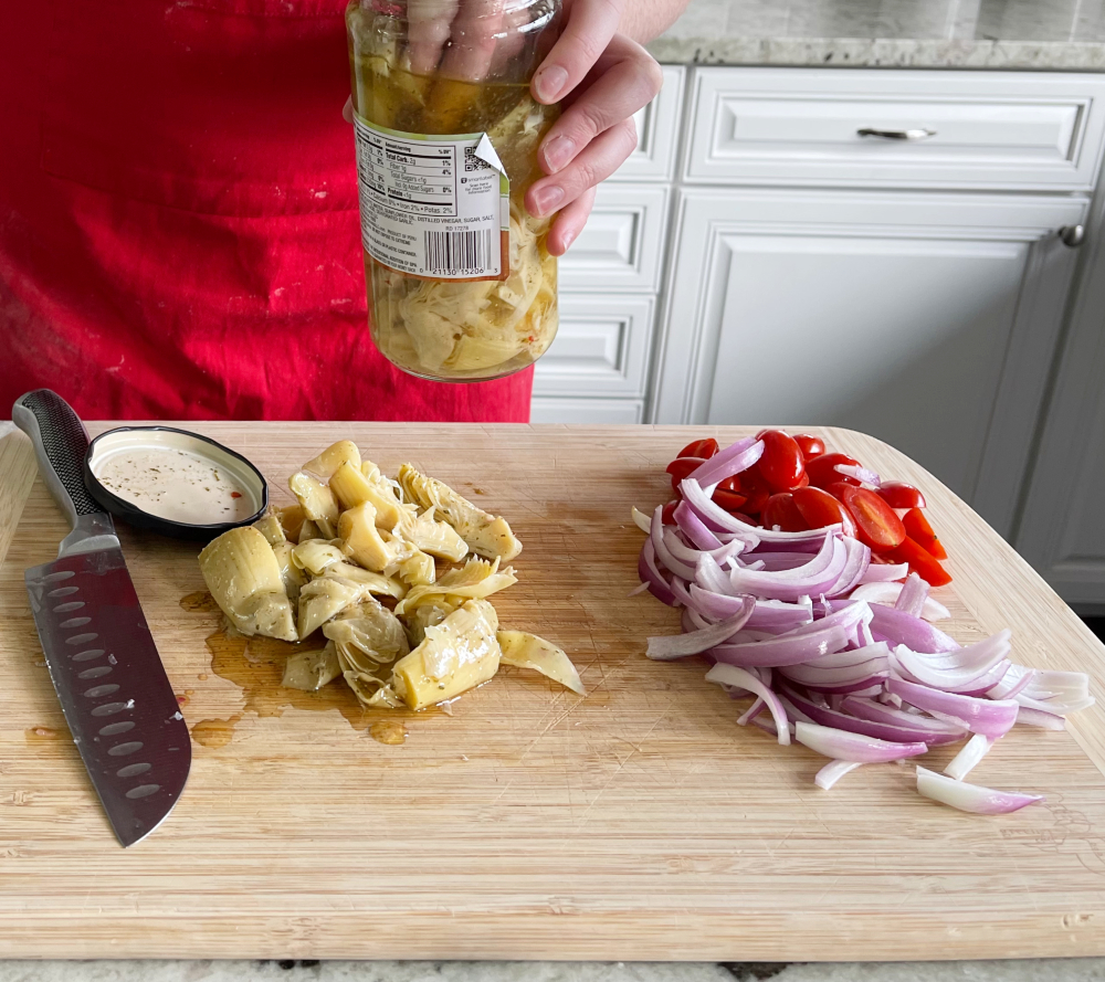prepping Mediterranean toppings
