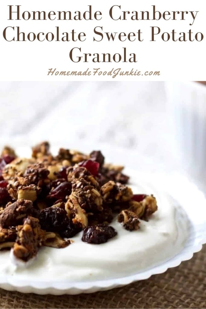 Homemade cranberry chocolate sweet potato granola-pin image