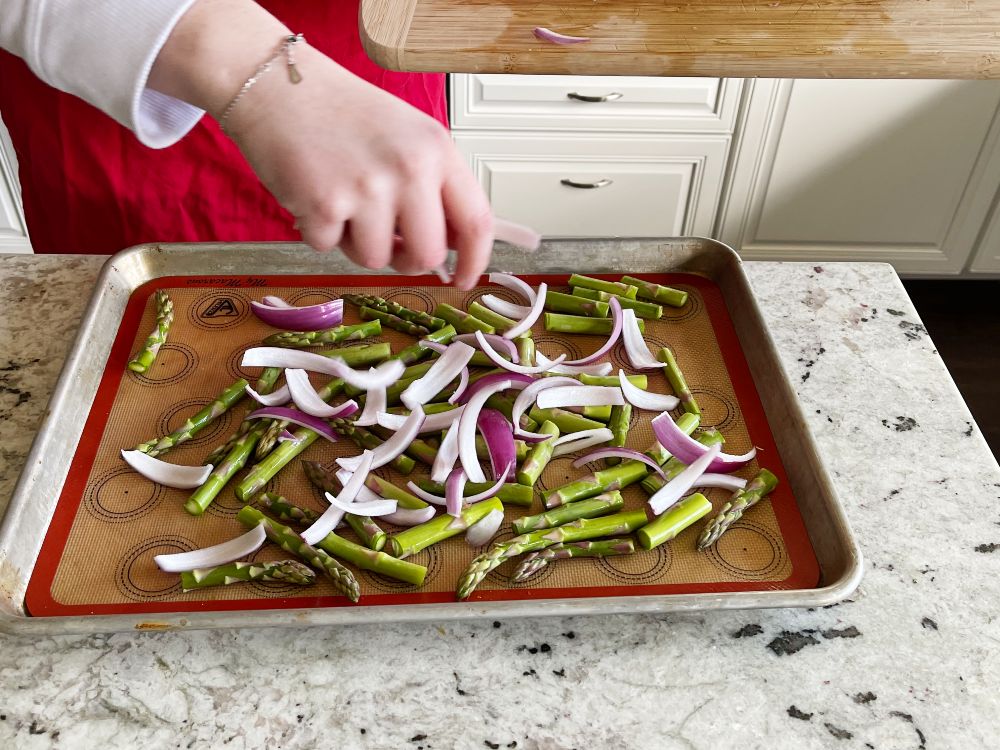 Mediterranean Shrimp Sheet Pan Dinner 11 laying veggies on sheet pan