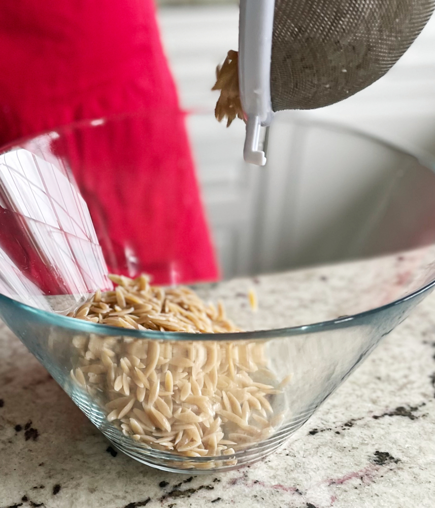 Delicious Greek Orzo Salad with Feta 16 cooked orzo in salad bowl