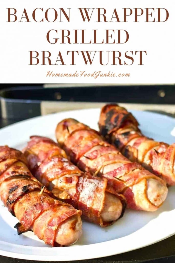 Bacon wrapped grilled bratwurst-pin image