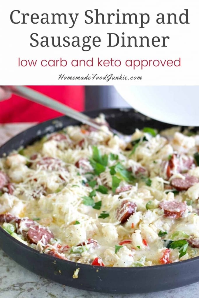 Creamy shrimp and sausage dinner-pin image