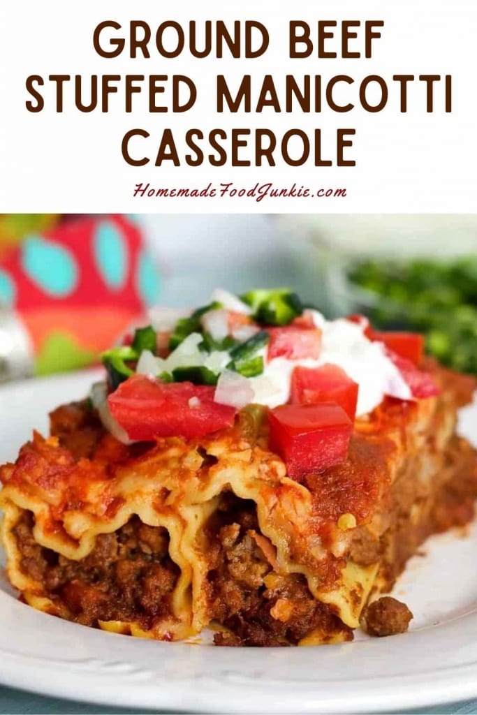 Ground beef stuffed manicotti casserole-pin image