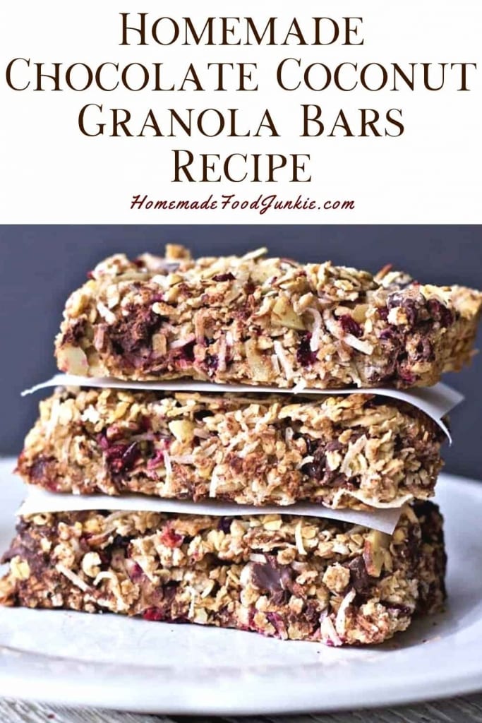Homemade chocolate coconut granola bars recipe-pin image