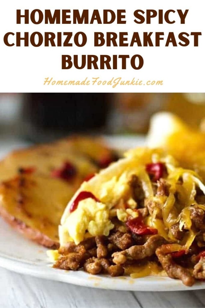 Homemade spicy chorizo breakfast burrito-pin image