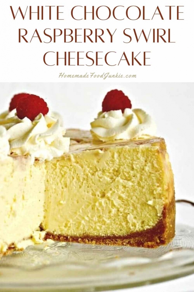 White chocolate raspberry swirl cheesecake-pin image