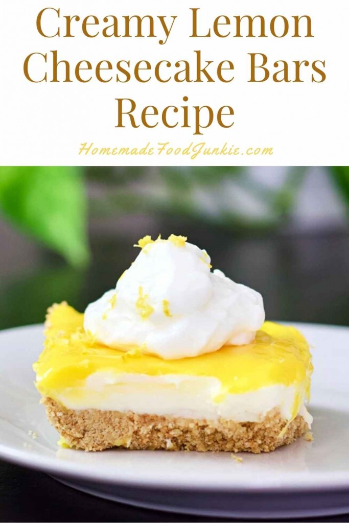 Creamy lemon cheesecake bars recipe-pin image